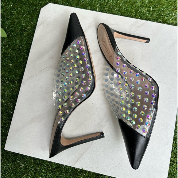 Schutz Greece Crystal Clear
Leather Mule Pumps Black/Transparente size 6.5 new - Picture 9 of 15